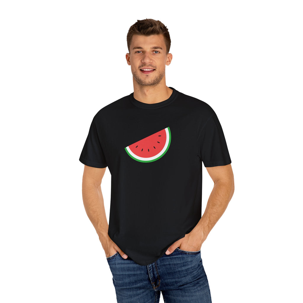 Man wearing a black t-shirt with a watermelon design on a white background