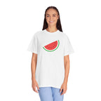 A Woman wearing a white t-shirt with a watermelon slice design on a white background