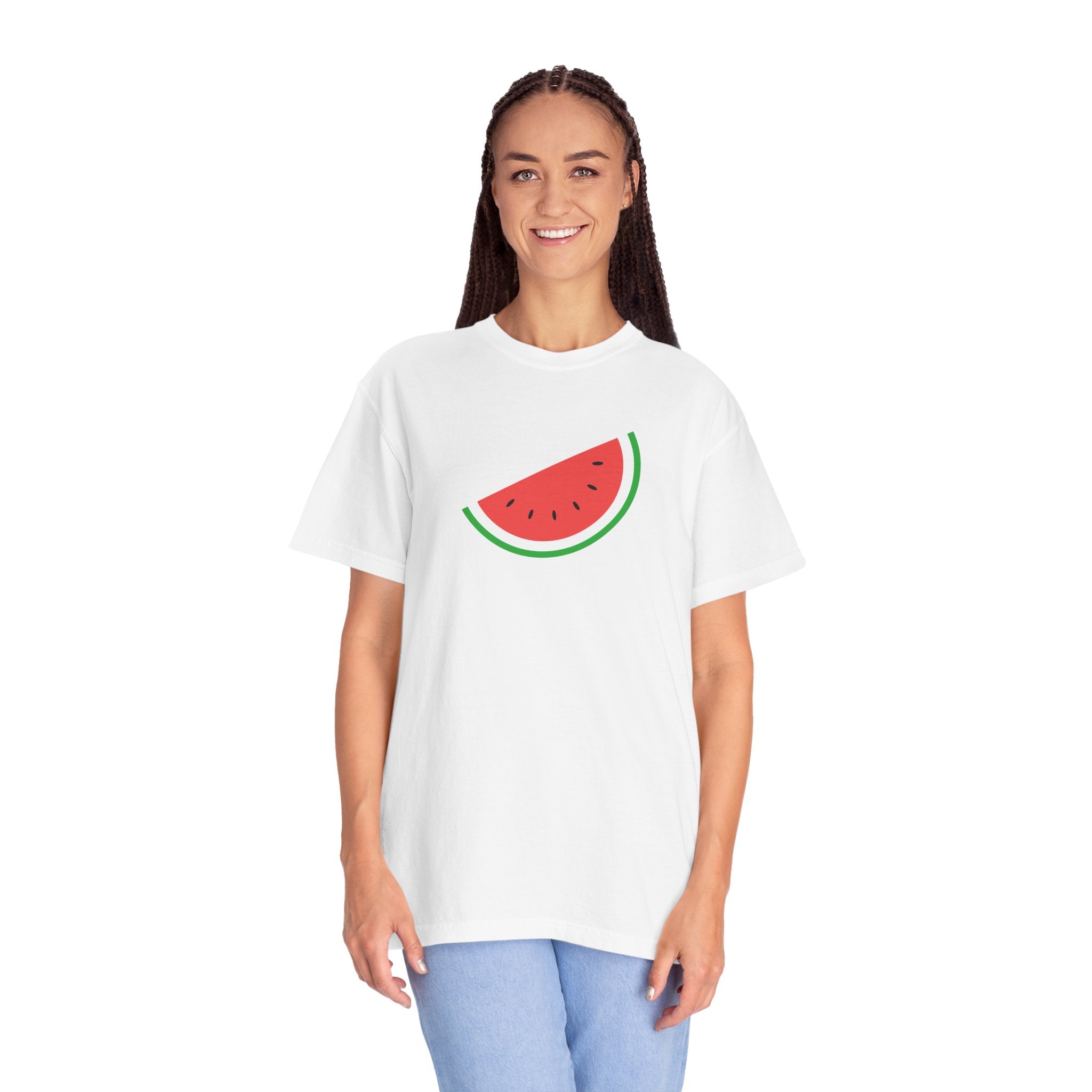 A Woman wearing a white t-shirt with a watermelon slice design on a white background