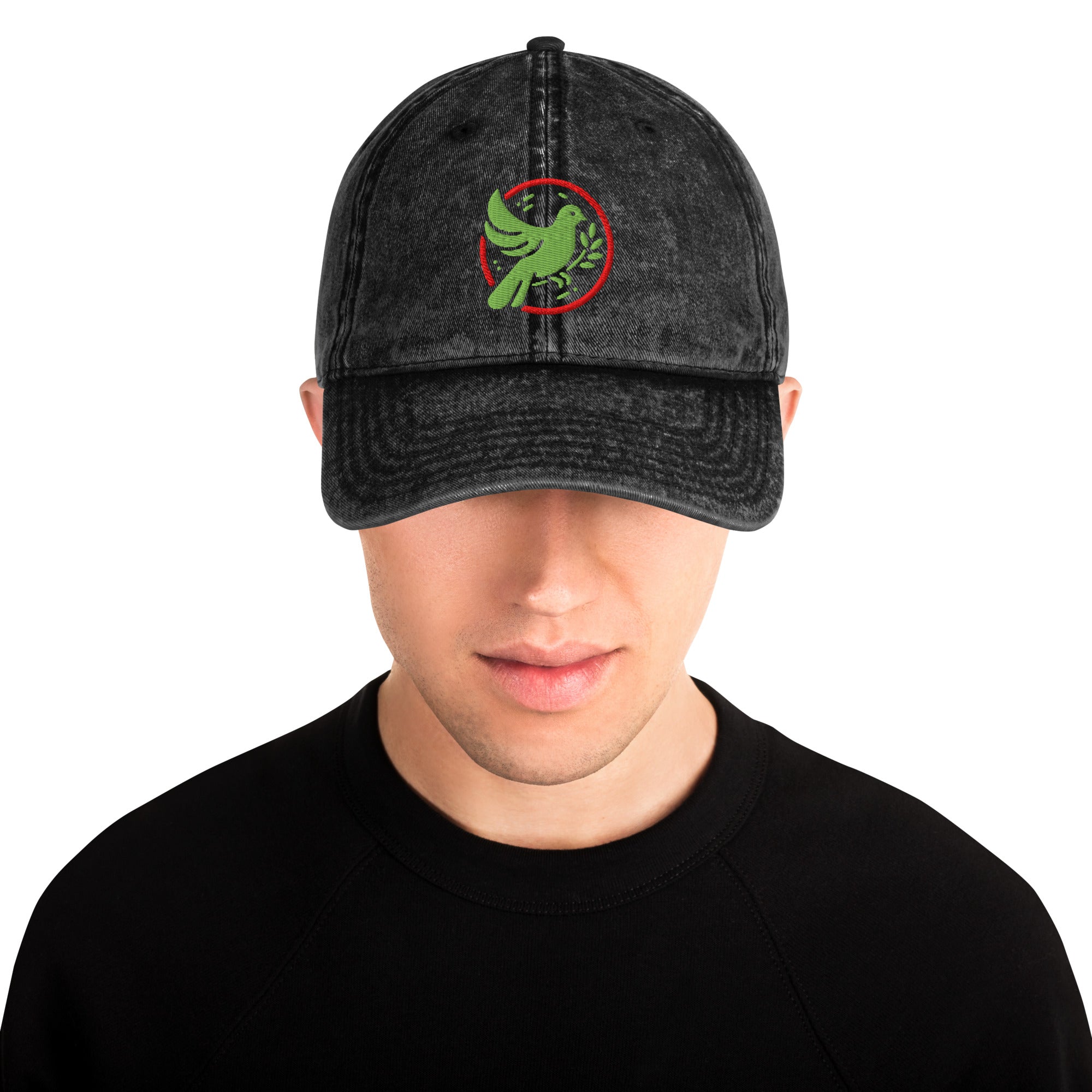 Person wearing a black denim cap with a green and red logo on a white background