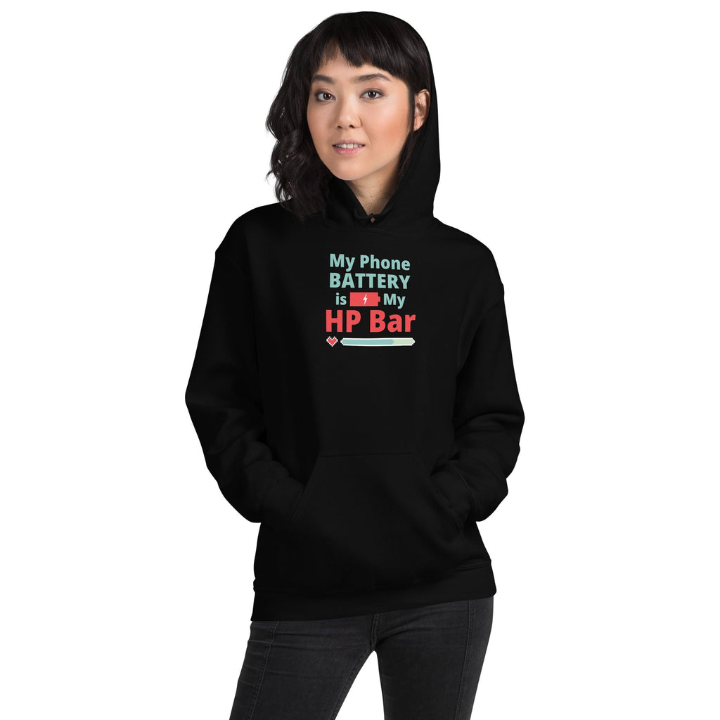 Person wearing a black hoodie with humorous, funny, witty anime otaku text design on a white background