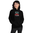 Person wearing a black hoodie with humorous, funny, witty anime otaku text design on a white background