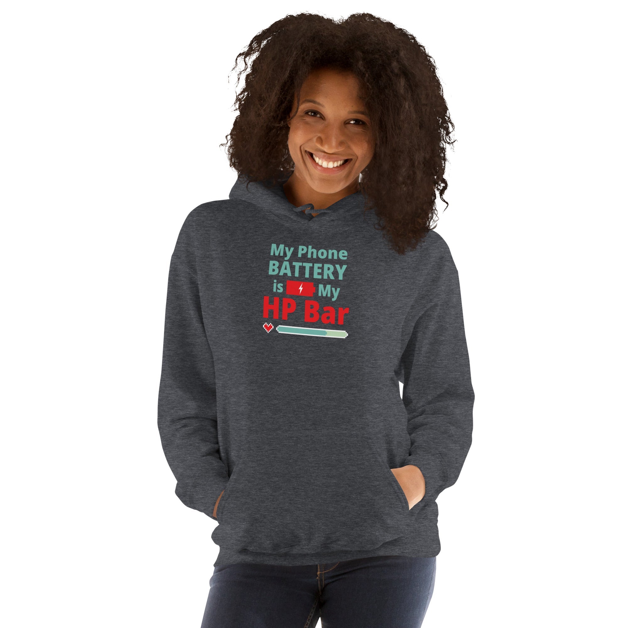 Person wearing a dark heather hoodie with a humorous, funny, witty anime otaku text design on a white background
