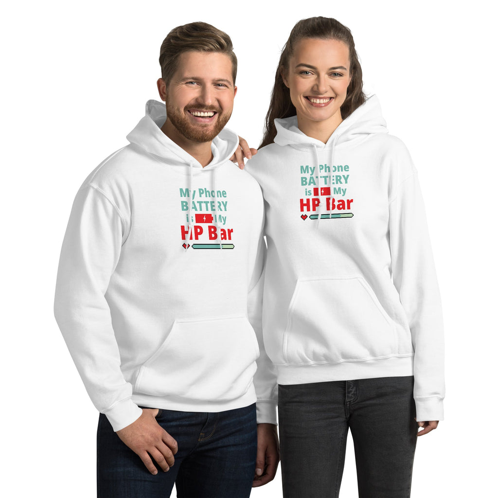 Two people wearing white hoodies with humorous, funny, witty anime otaku text design on a white background