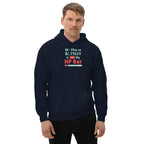 Man wearing a navy hoodie with humorous, funny, witty anime otaku text design on a white background