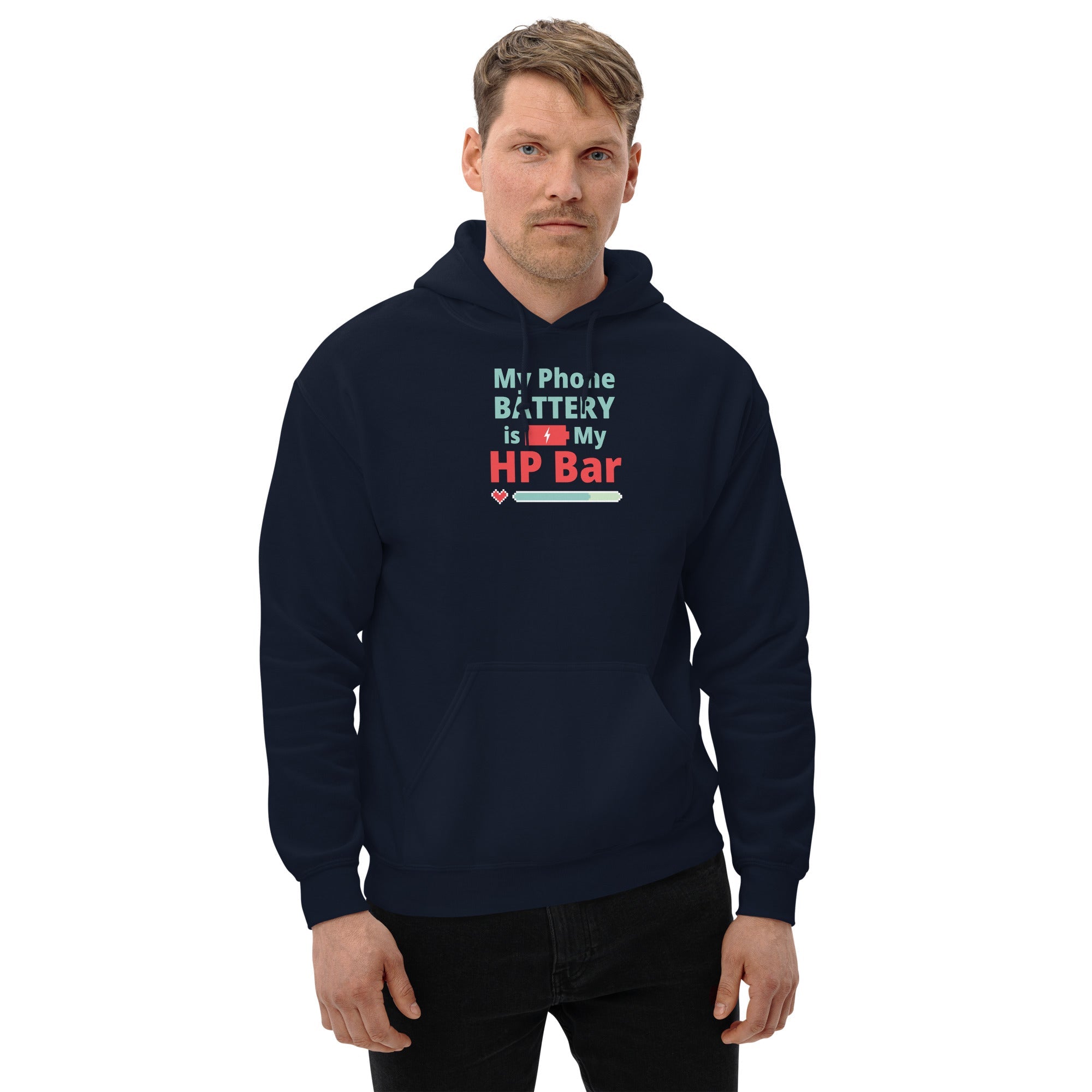 Man wearing a navy hoodie with humorous, funny, witty anime otaku text design on a white background