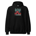 Black hoodie with humorous, funny, witty anime otaku text design on a white background