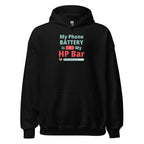 Black hoodie with humorous, funny, witty anime otaku text design on a white background