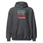 Dark gray hoodie with humorous, funny, witty anime otaku text design on a white background