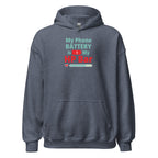 Gray hoodie with humorous, funny, witty anime otaku text design on a white background