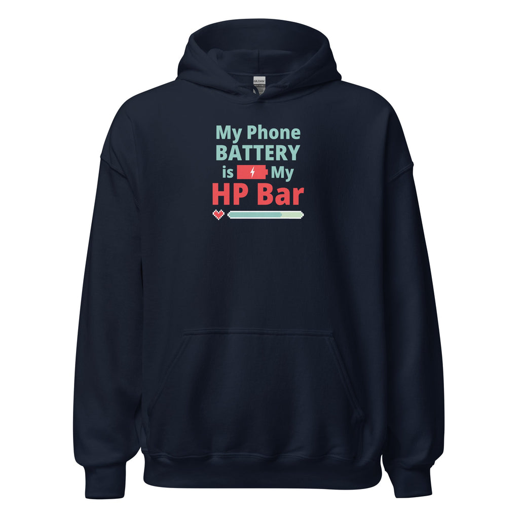 Navy blue hoodie with humorous, funny, witty anime otaku text design on a white background