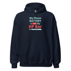 Navy blue hoodie with humorous, funny, witty anime otaku text design on a white background