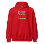 Red hoodie with humorous, funny, witty anime otaku text design on a white background