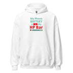 White hoodie with humorous, funny, witty anime otaku text design on a white background