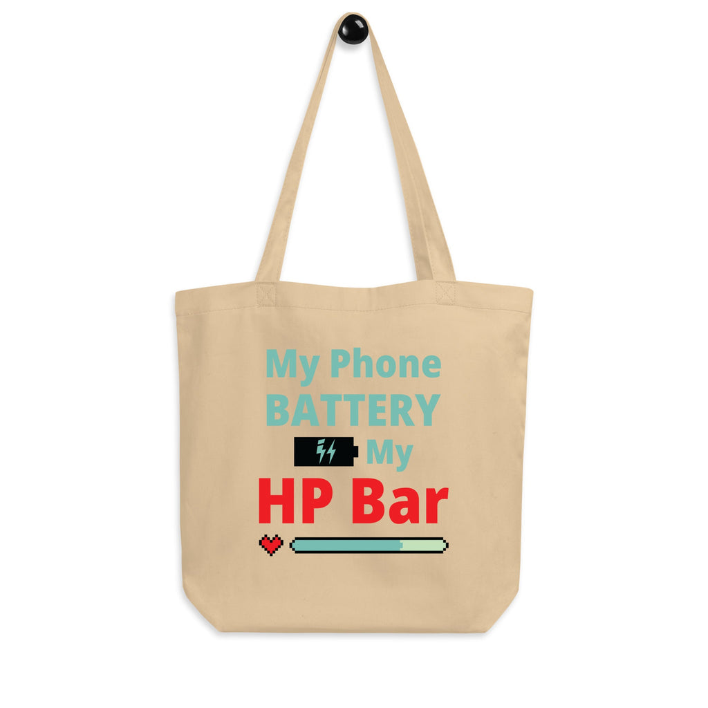 Beige tote bag with humorous text design on a white background