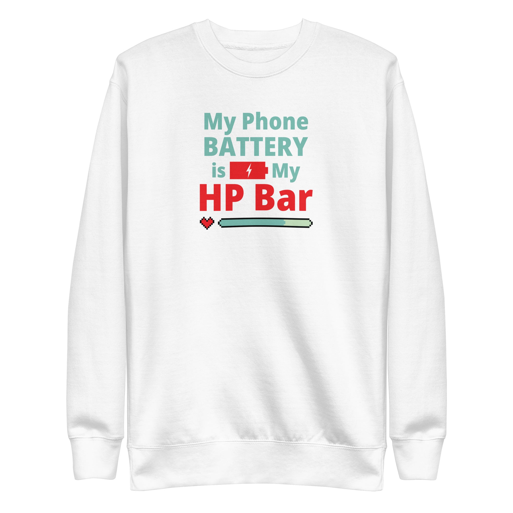 White sweatshirt with humorous, funny, witty anime otaku text design on a white background