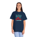 Person wearing a navy blue t-shirt with humorous, funny, witty anime otaku text design on a white background