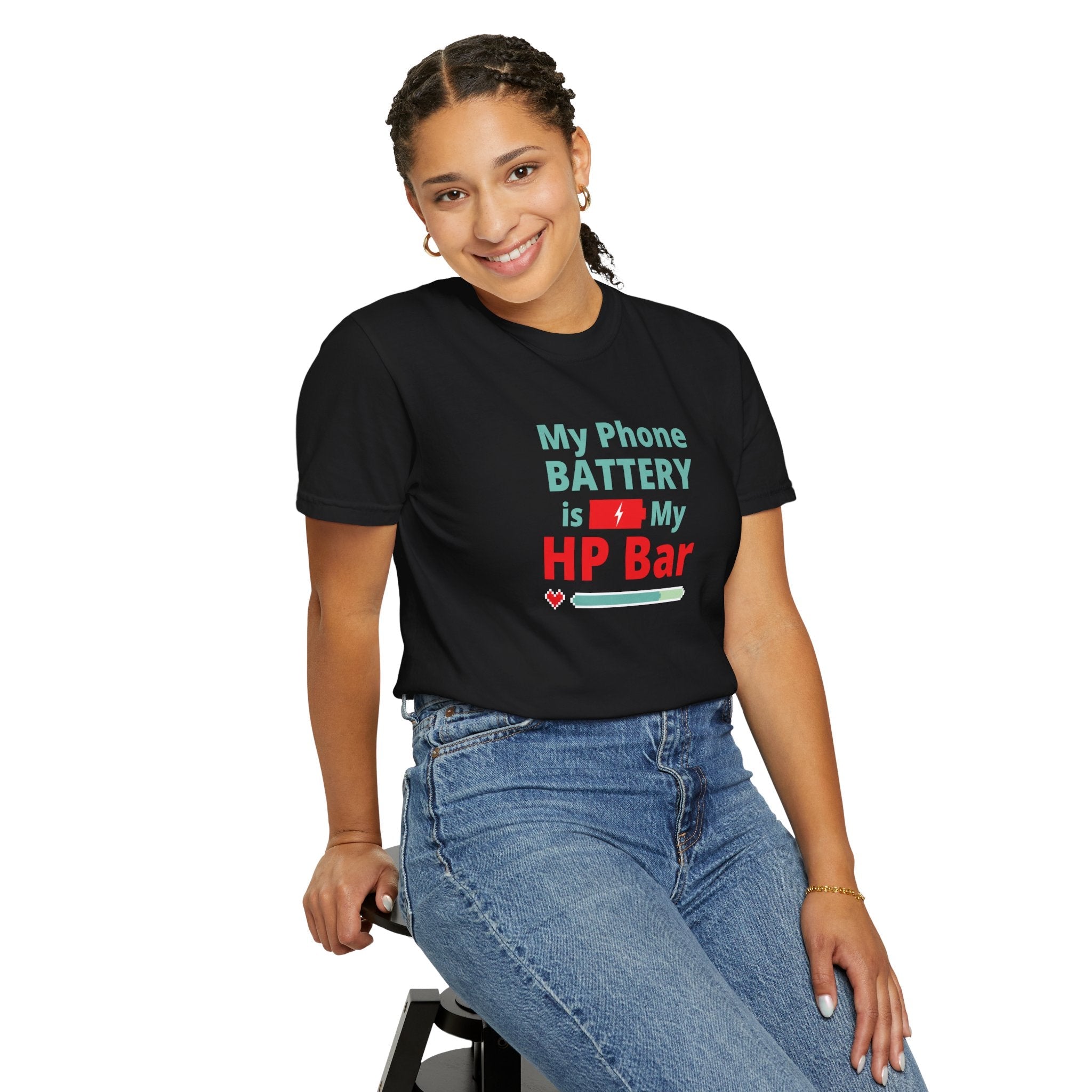 Person wearing a black t-shirt with humorous, funny, witty anime otaku text design on a white background