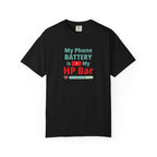 Black t-shirt with humorous, funny, witty anime otaku text graphic on a white background