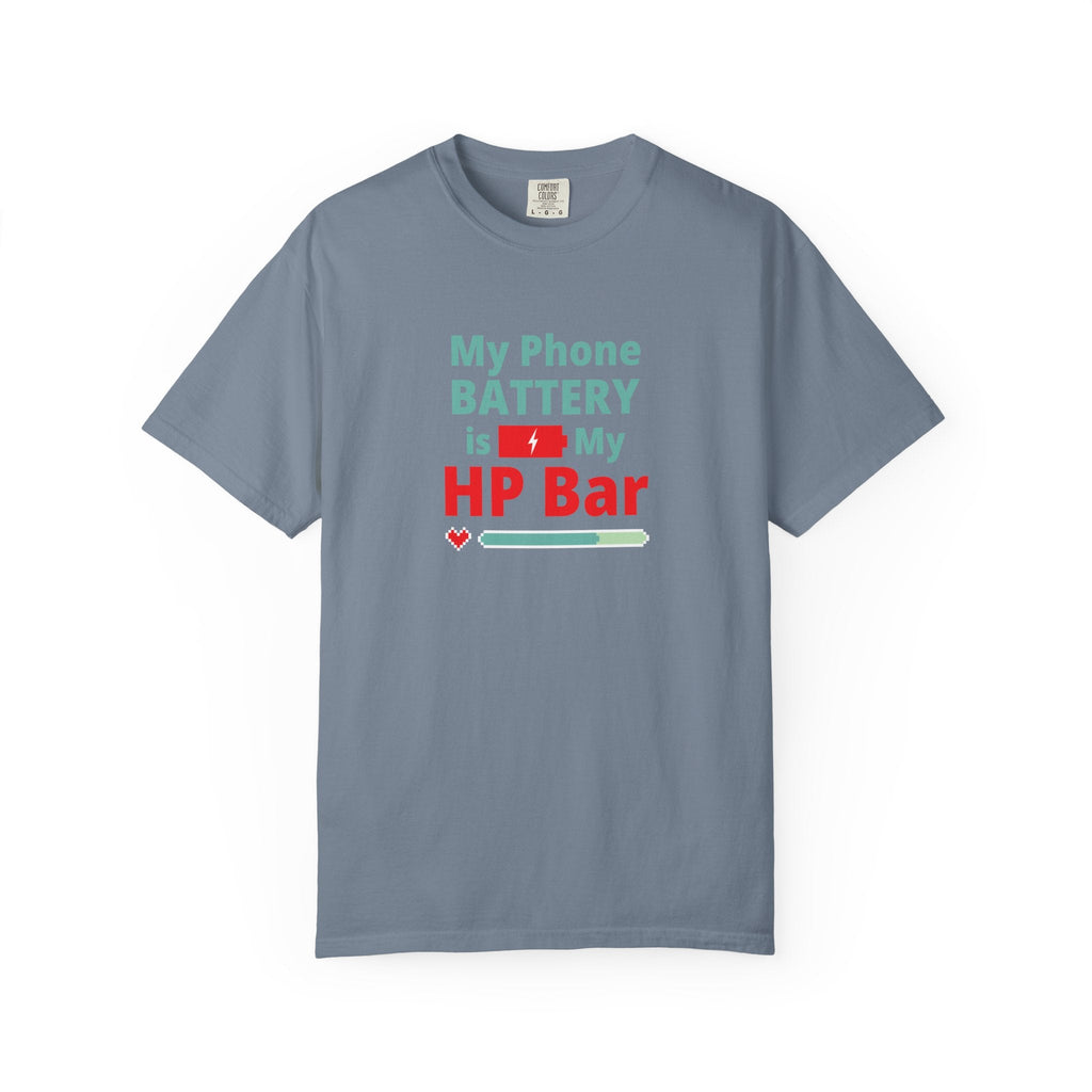 Blue jean t-shirt with humorous, funny, witty anime otaku text design on a white background