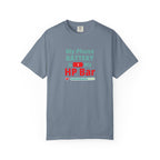 Blue jean t-shirt with humorous, funny, witty anime otaku text design on a white background