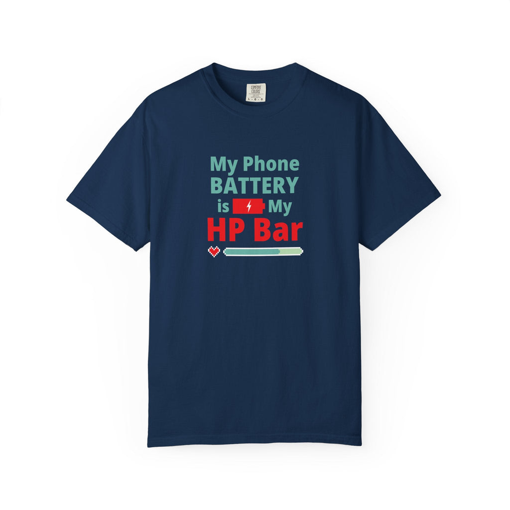 Navy blue t-shirt with humorous, funny, witty anime otaku text design on a white background