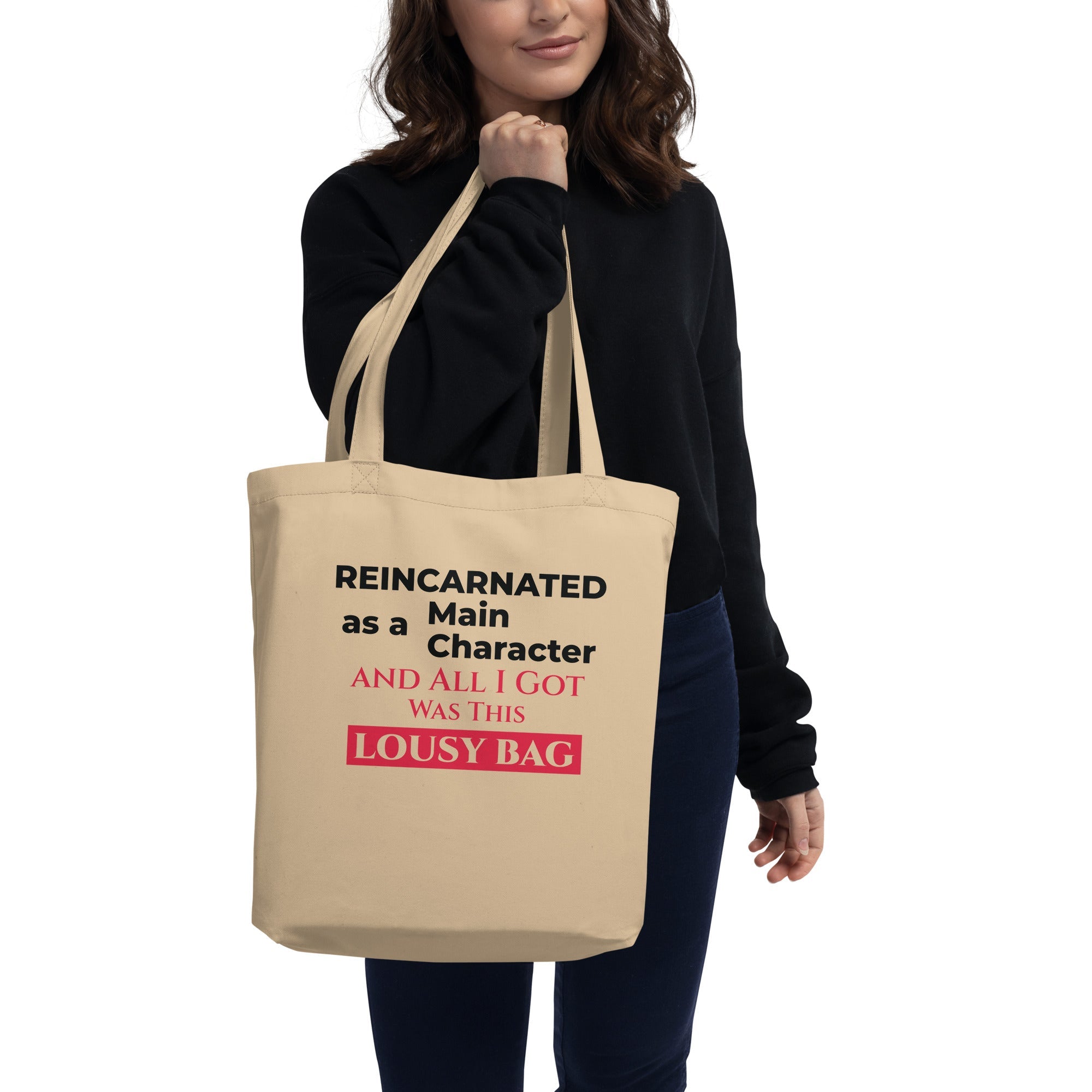 Person holding a beige tote bag with humorous isekai text design.