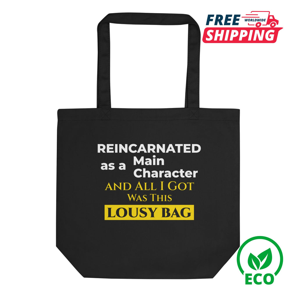 Black tote bag with humorous text and eco-friendly logo on a white background