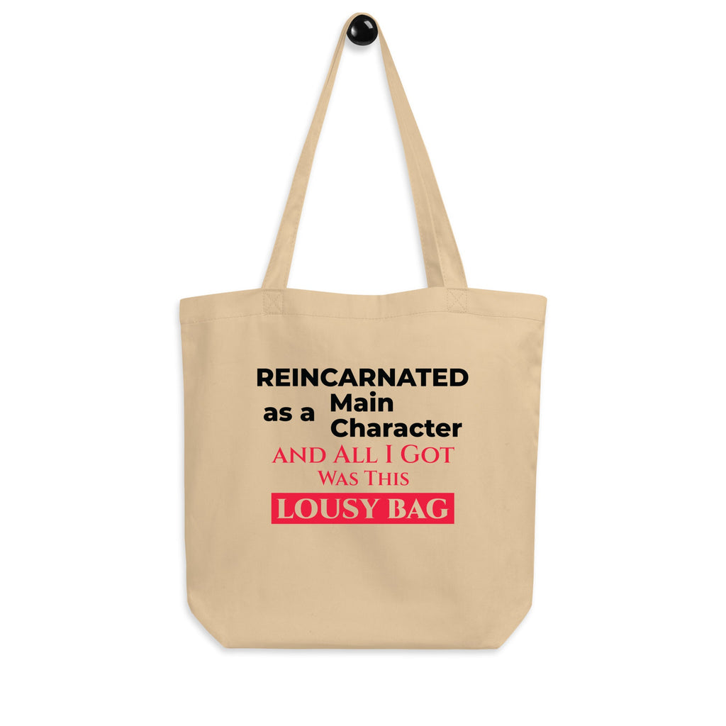 Beige tote bag with humorous isekai text design on a white background