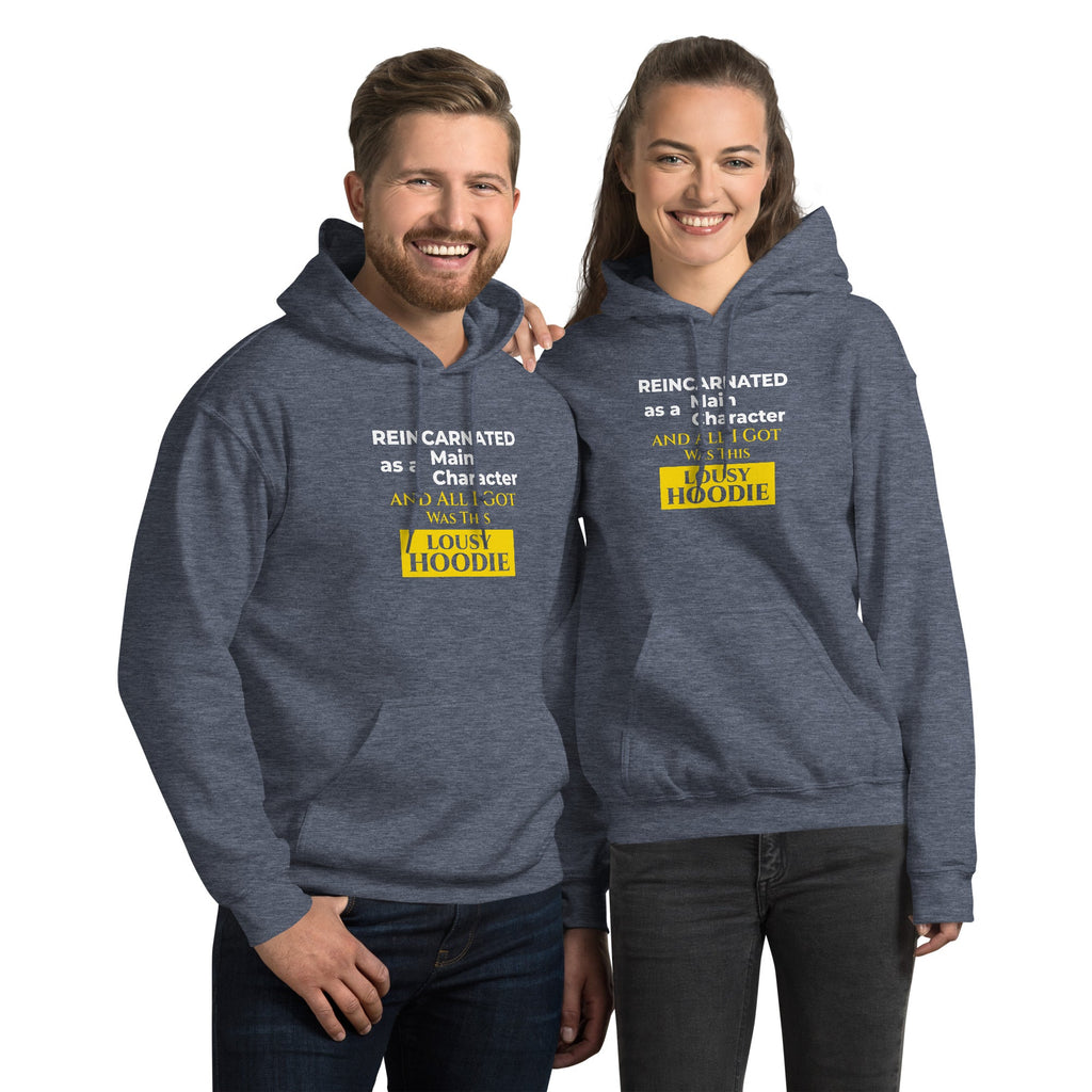 Two people wearing matching heather sport dark navy hoodies with funny, witty isekai anime text on a white background
