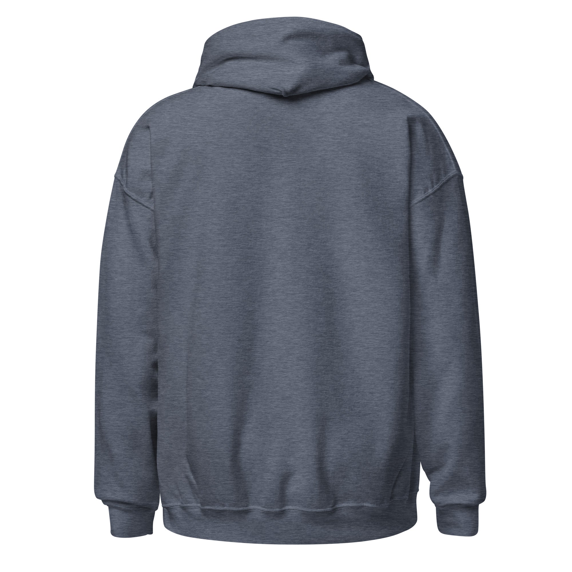 Back view of a Heather Sport dark navy hoodie on a white background