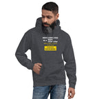 Man wearing a dark heather hoodie with funny, witty isekai anime text on a white background