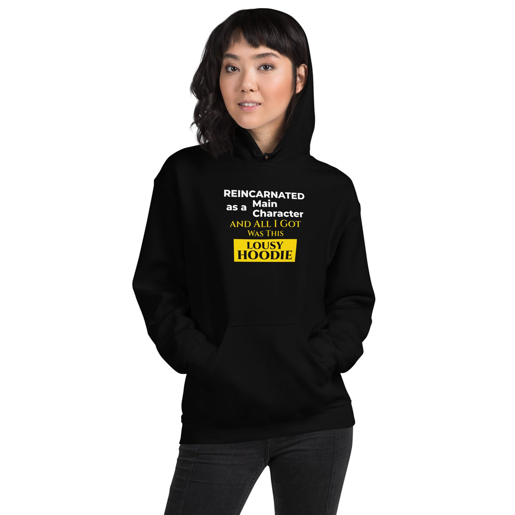 Person wearing a black hoodie with funny, witty isekai anime text on a white background
