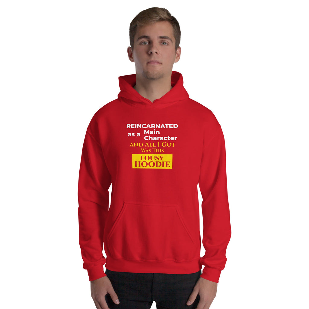Person wearing a red hoodie with humorous, funny, witty isekai anime text on a white background