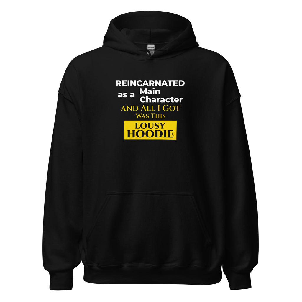 Black hoodie with humorous, funny, witty isekai anime text design on a white background