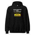 Black hoodie with humorous, funny, witty isekai anime text design on a white background