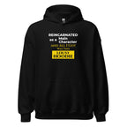 Black hoodie with humorous, funny, witty isekai anime text design on a white background