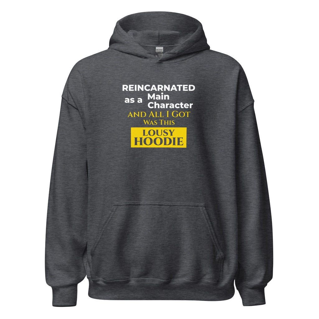 Dark heather hoodie with humorous, funny, witty isekai anime text design on a white background