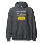 Dark heather hoodie with humorous, funny, witty isekai anime text design on a white background