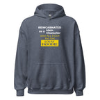 Heather Sport dark navy hoodie with humorous, funny, witty isekai anime text design on a white background