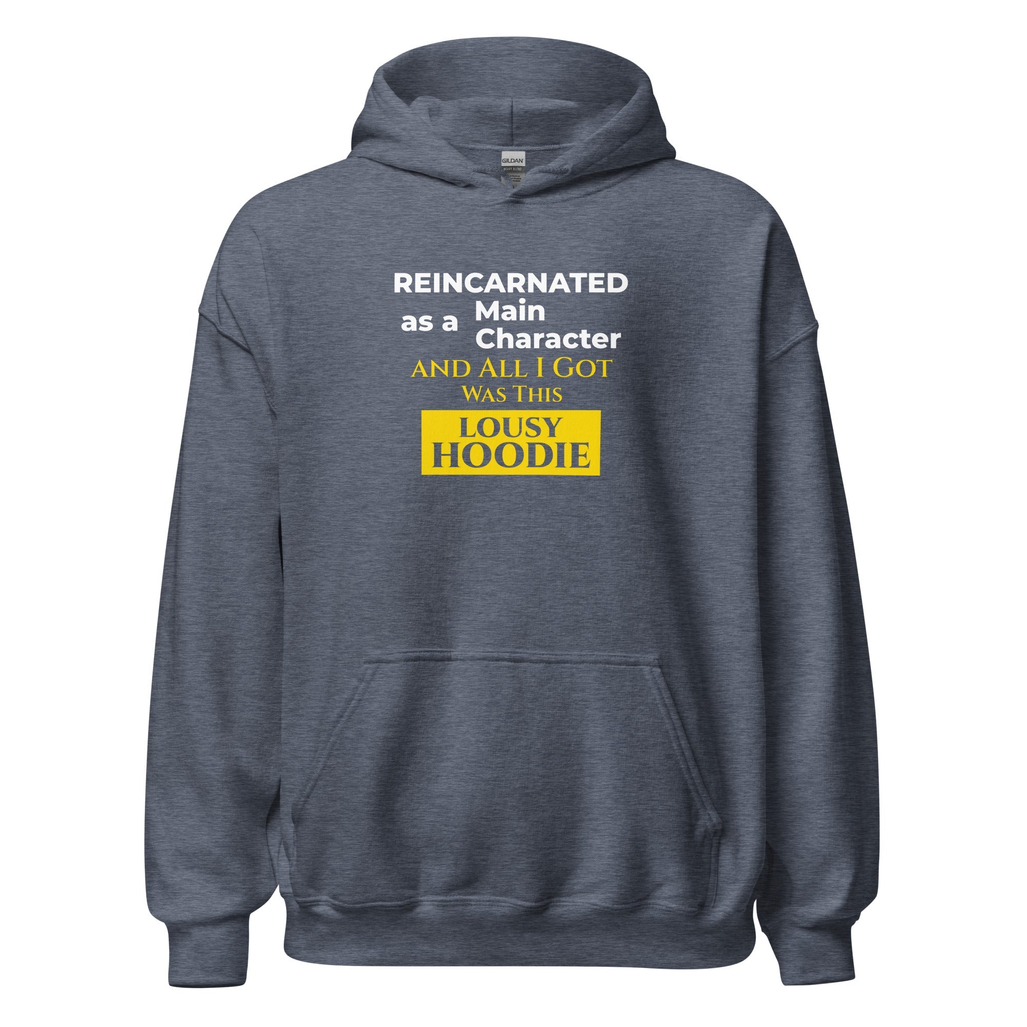 Heather Sport dark navy hoodie with humorous, funny, witty isekai anime text design on a white background