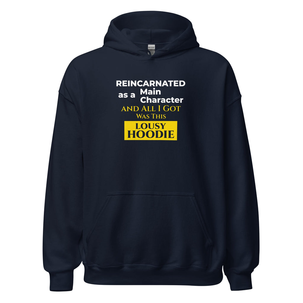 Navy hoodie with humorous, funny, witty isekai anime text design on a white background