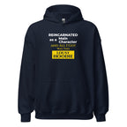 Navy hoodie with humorous, funny, witty isekai anime text design on a white background