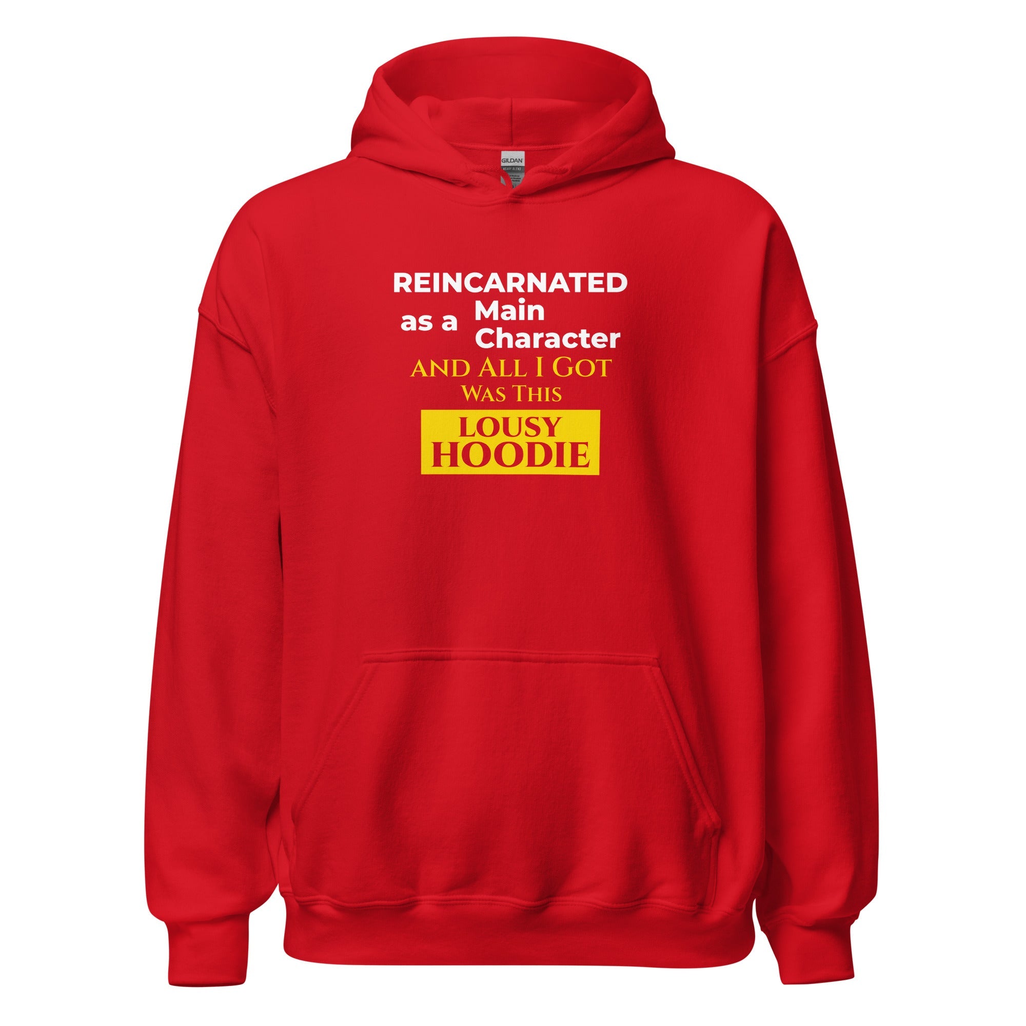Red hoodie with humorous, funny, witty isekai anime text on a white background
