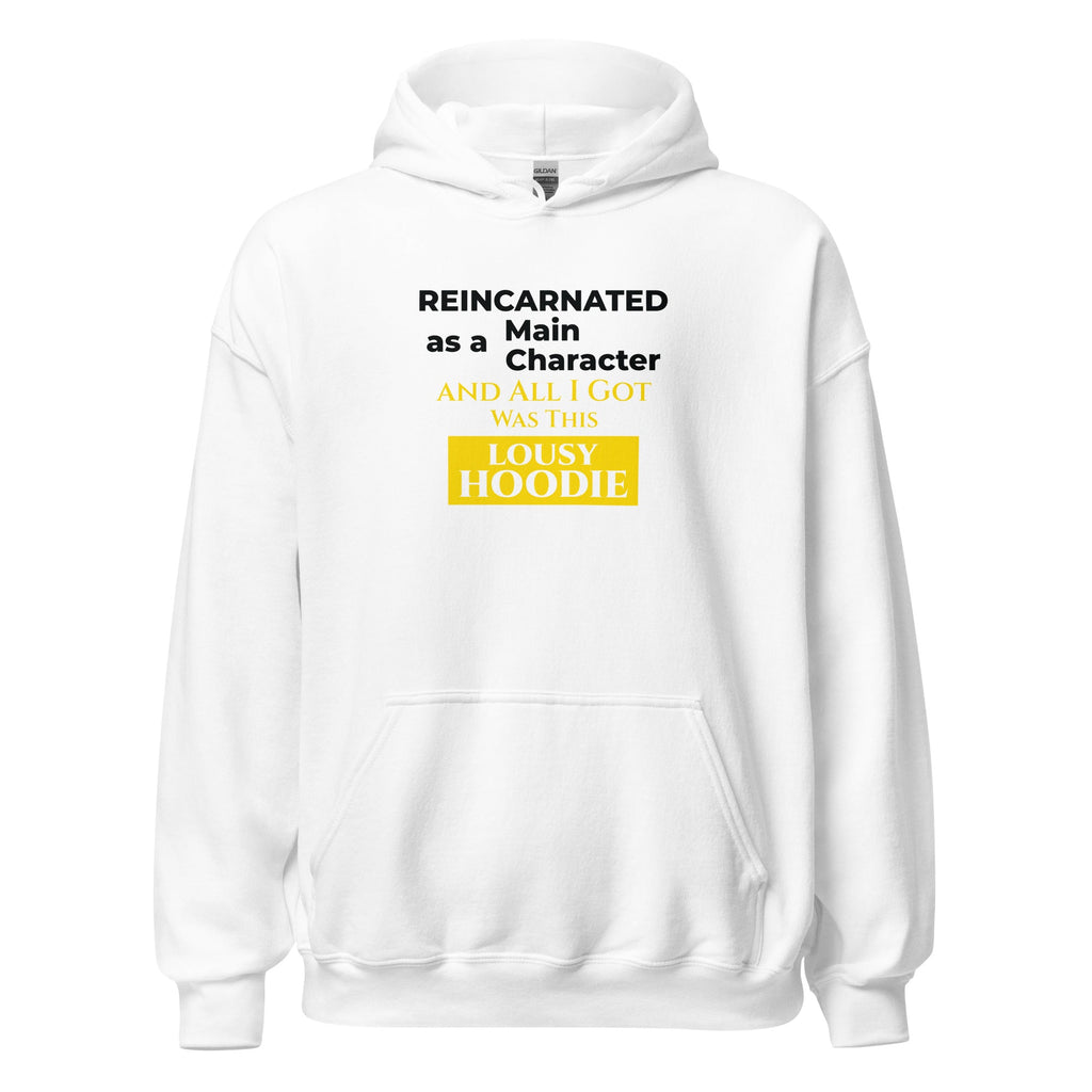 White hoodie with funny, witty isekai anime text on a white background