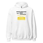 White hoodie with funny, witty isekai anime text on a white background