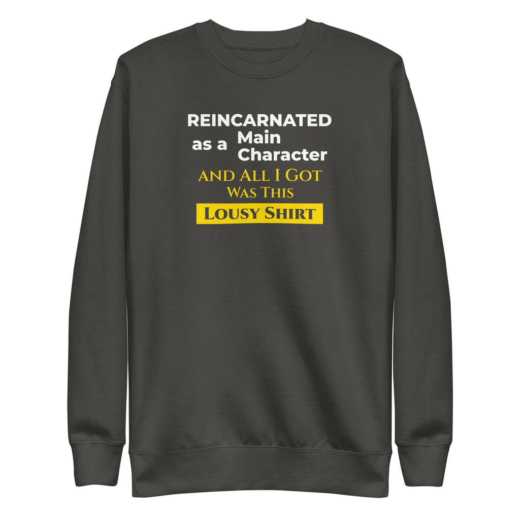 vintage black sweatshirt with humorous, funny, witty isekai anime text design on a white background