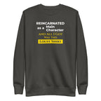 vintage black sweatshirt with humorous, funny, witty isekai anime text design on a white background
