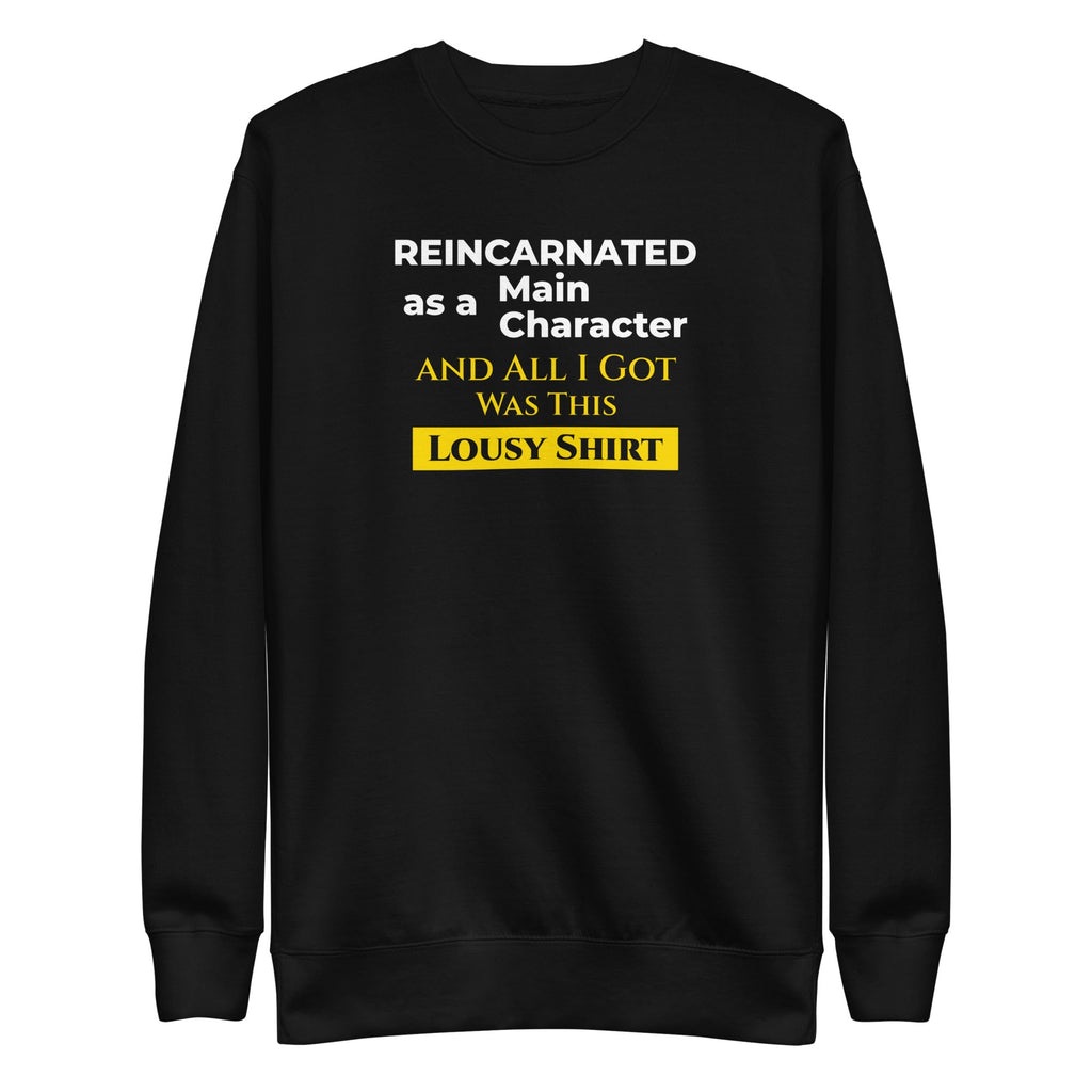 Black sweatshirt with humorous, funny, witty isekai anime text design on a white background