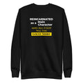 Black sweatshirt with humorous, funny, witty isekai anime text design on a white background